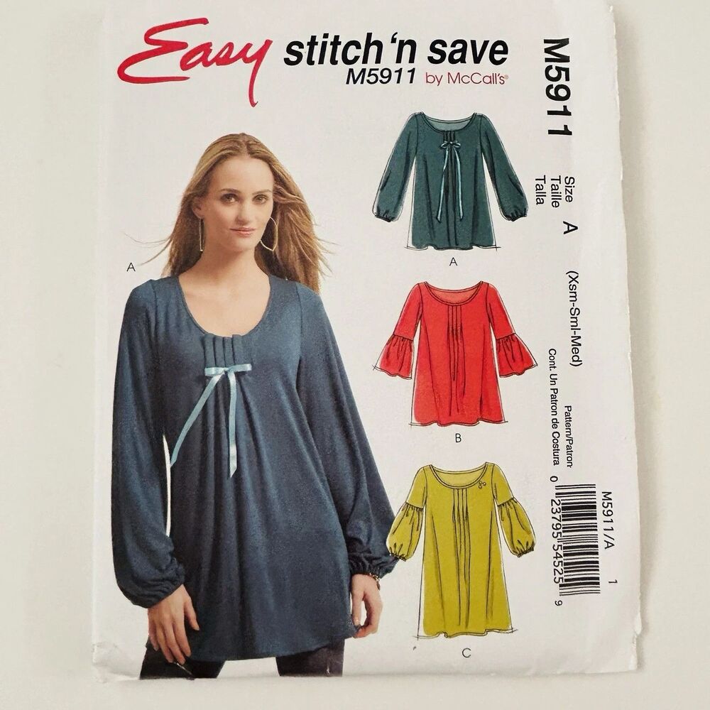 Stitch 'N Save by McCalls Sewing Pattern M5911 Babydoll Tunic Top Sz XS-M Uncut